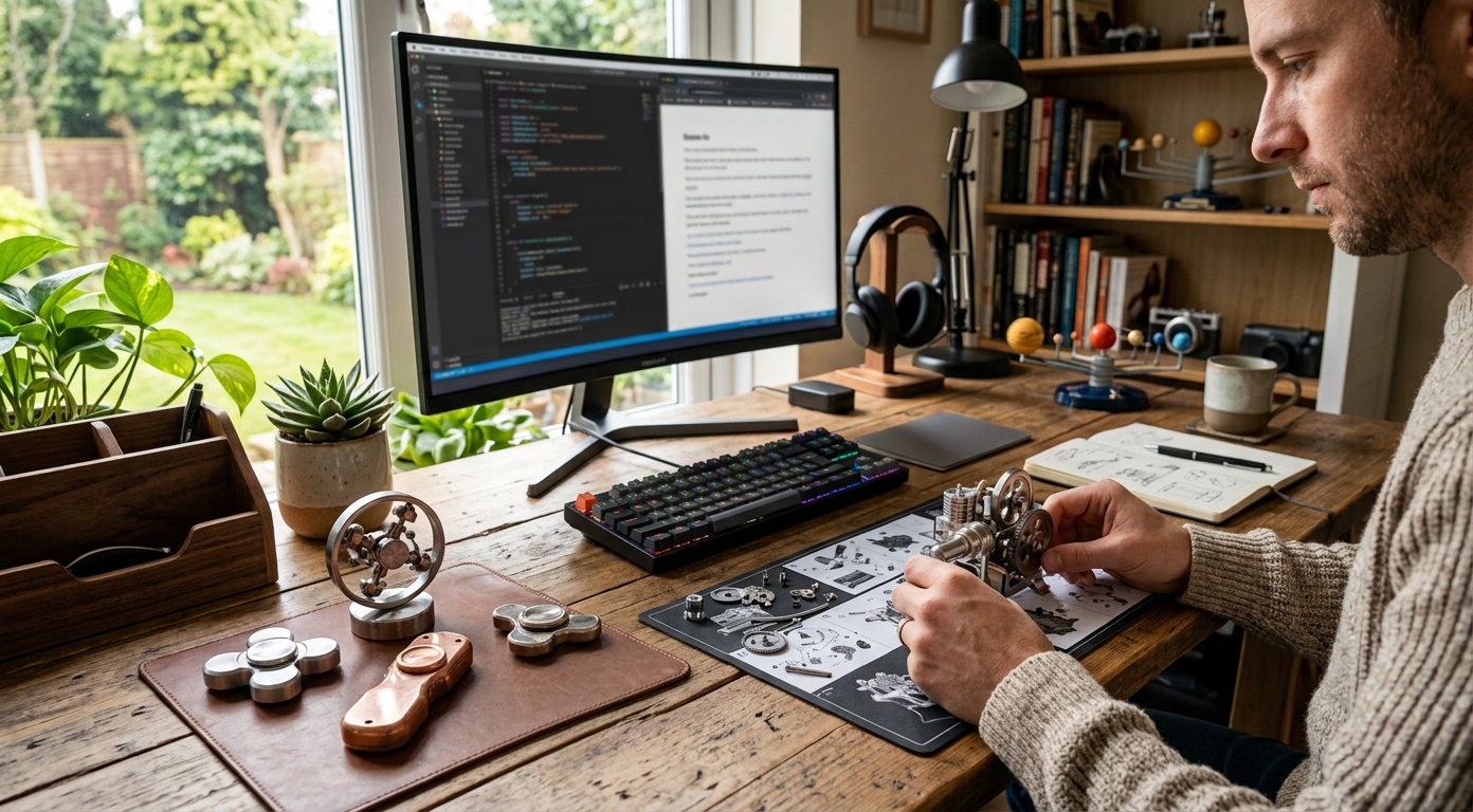 Creative desktop gadgets, EDC fidget toys, and DIY engine model kits for workspaces and hobbies
